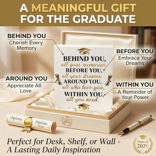 Graduation Decorations 2026 College Graduation Gifts Her for Him Quote Wood Box Sign Decor Desk Sign Positive Behind You All Your Memories Wooden Box Block Sign Rustic Home Shelf Wall Decoration
