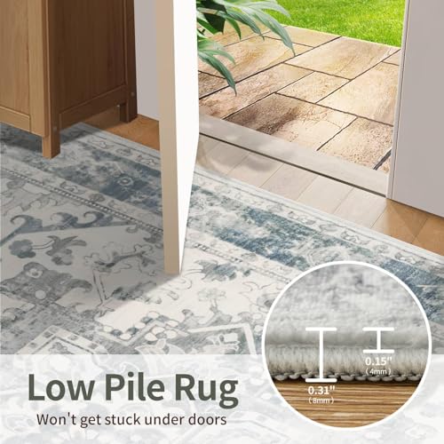 Rugxara 2x6 Washable Runner Rug, Non Slip Boho Runner Rugs for Hallway, Kitchen, Entrance, Bathroom, Laundry Room, Soft Ultra-Thin Entryway Carpet, Throw Low Pile Retro Imitation Carpet, Blue Grey