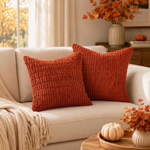 Pack of 2 Corduroy Decorative Throw Pillow Covers 18x18 Inch, Rust