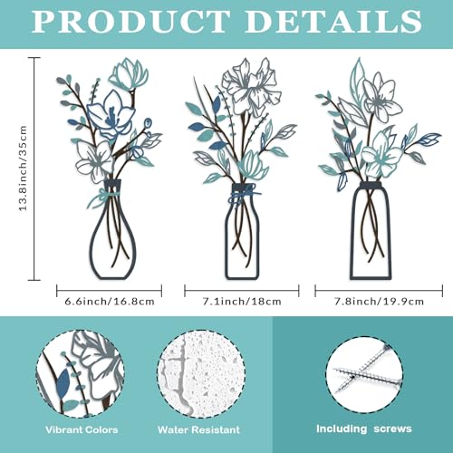 ARTINME 3 Pieces Metal Flowers Wall Arts - Rustic Farmhouse Decor Minimalist Flower Wall Decors for Living room Bathroom Kitchen Bedroom Dining Room - Housewarming Gifts (Blue)