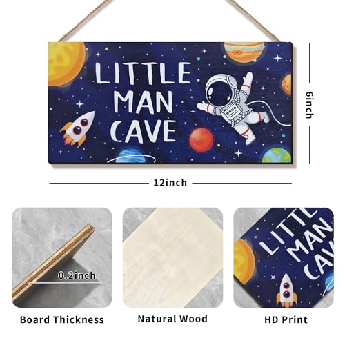 ZIEYOMI- Little Man Cave Sign Space Boys Room Decor, Astronaut Theme Bedroom Nursery Decor Hanging Wall Art, Wooden Plaque Outer Space Decorations for Toddler Boys Room Kids Playroom