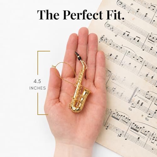 Broadway Gifts Gold Saxophone Christmas Tree Ornament Decoration 4.5 inches | Hand-Crafted Brass Sax in Red Gift Box for Band Student or Teacher- Saxophone Player