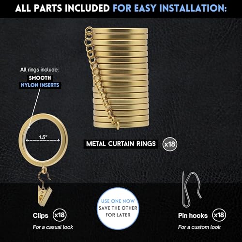 BlastHome® Luxury Curtain Rings – Premium Metal with Quiet, Smooth, Removable Nylon Inserts – Pinhooks and Clips Included – 1 1/2" Inside Diameter – 18 Rings for Two Standard Curtains – Brushed Gold