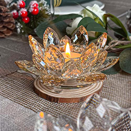 Crystal Lotus Flower Tealight Candle Holders/Glass Tea Light Candlestick Decor Decoration for Christmas Home Wedding Party(1, Gold 2pcs)
