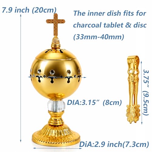 TOPZEA Catholic Incense Burner with Tong, Gold Metal Bakhoor Frankincense Resin Burner, Brass Plated Charcoal Incense Censer Stand with Cross for Christian Church, Home, Yoga, Spa Aromatherapy