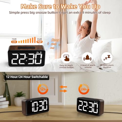 NOKLEAD Digital Alarm Clock: Wood Grain, 5.9-inch LED Display, Easy to Use for Seniors and Men, Adjustable Brightness, Aesthetic Room Decor Desk Clocks for Bedroom | Dorm | Living Room | Office