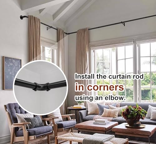 Curtain Rods for Windows 120 to 170, Heavy Duty Industrial Curtain Rods, Black Wrap Around Outdoor Curtains Rod,1 Inch Adjustable Drapery Rod 144-170"