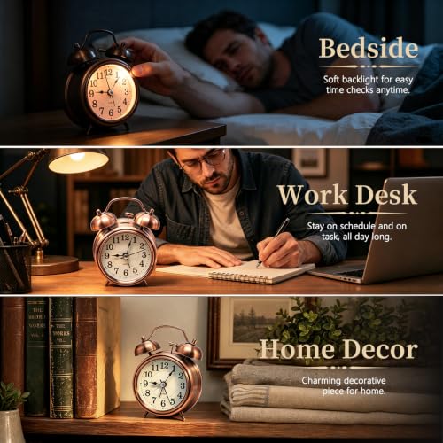 Loud Alarm Clock for Heavy Sleeper, Twin Bell Retro 3'' Silent Non-Ticking Mini Travel Quartz with Backlight, Luminous Dial, Battery Operated Mental Alarm Clock for Home Decoration Bedroom Bedside