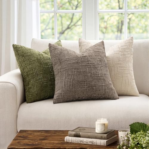 MIULEE Textured Throw Pillow Covers Thick Chenille Decorative Pillows Taupe Grey 18x18 Inch Set of 2 Modern Boho Farmhouse Home Decor Neutral Cushion Covers for Couch Sofa Living Room Bedroom