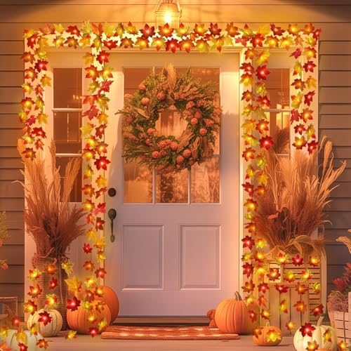 2 Pack Fall Decorations for Home Maple Leaf Lights Multicolored, Total 20Ft 40LED Battery Operated Fall Leaves Garland with Light String Autumn Harvest Table Indoor Halloween Thanksgiving Decorations