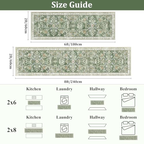 Yamaziot Washable Runner Rug 2x8 – Non Slip Boho Floral Hallway Runner Rug with Rubber Backing, Low Pile Wool Distressed Carpet for Kitchen, Laundry, Bedroom, Entrance, Mottled Green