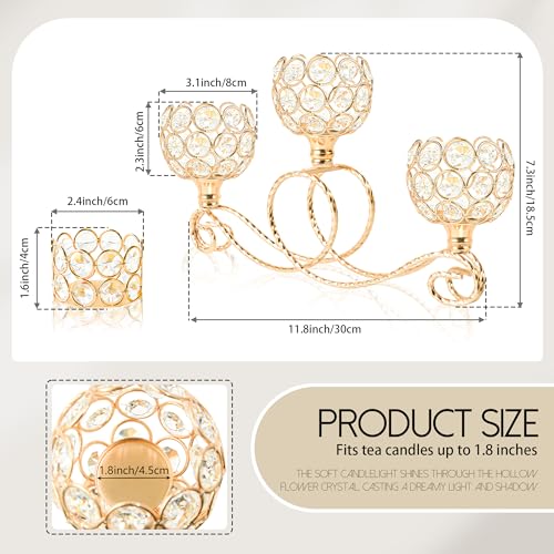 Gold 2 Pcs-3Arm Metal Crystal Tea Light Candle Holder, Elegant Wedding Table Centerpiece Candle Holder, Christmas Wishing Crystal Bowl Candle Holder Suitable for Wedding Party Living Room Decoration