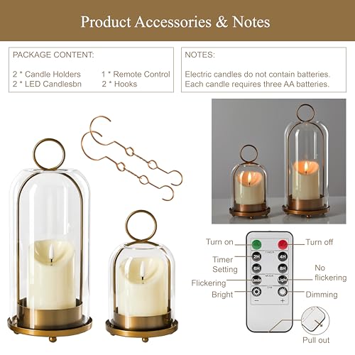 5"&4" Metal Candle Holder with Handmade Glass Dome in Brass & 2 Timer Candles, Set of 2 Versatile Hurricane Glass Candle Holders for Pillar Candles & Plants