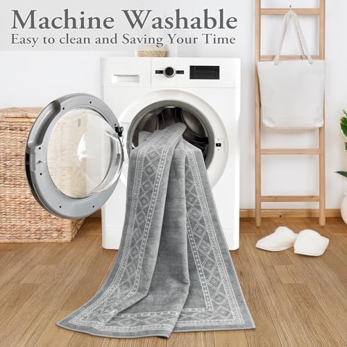 Lahome Modern Bordered Kitchen Runner Rugs Non Skid Washable, 2x6 Runners for Hallways Non Slip Ultra-Thin Hallway Rug, No Shedding Soft Carpet for Entryway Laundry Room Bedroom (2x6ft,Grey)