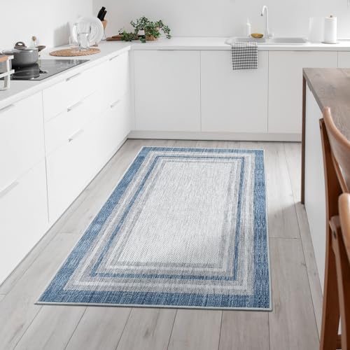 Bordered 3x5 Washable Rug,Modern Printed Area Rug for Entryway Non Slip Indoor, Blue Non Shedding Entryway Ultra Thin Carpet for Office Bedroom Living Room Decor