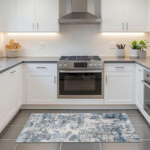 2x4 Rug for Entryway Washable: Non Slip Abstract Runner for Kitchen Blue