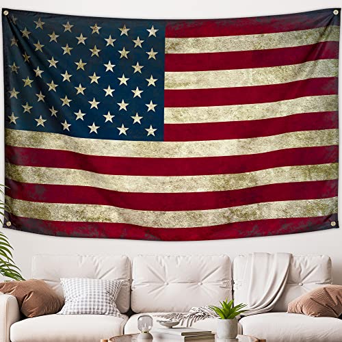 American Flag Tapestry Vintage Retro USA Flag Poster, 60″W x 40″L Heavy Duty Polyester, Wall Hanging Decor for Dorm Living Room College Bedroom, Fade Resistant Indoor Outdoor