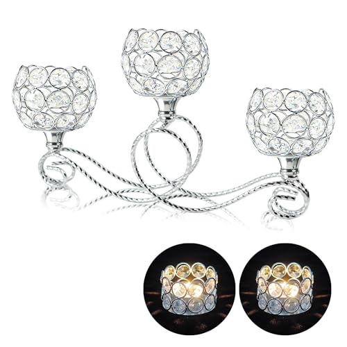 Gold/Silver Metal Crystal Tea Light Candle Holder, Elegant Wedding Table Centerpiece 3/5 Arm Crystal Candle Holder, Christmas Votive Candle Holder for Wedding Living Room Decor (Silver, 1pc-3 Arm)