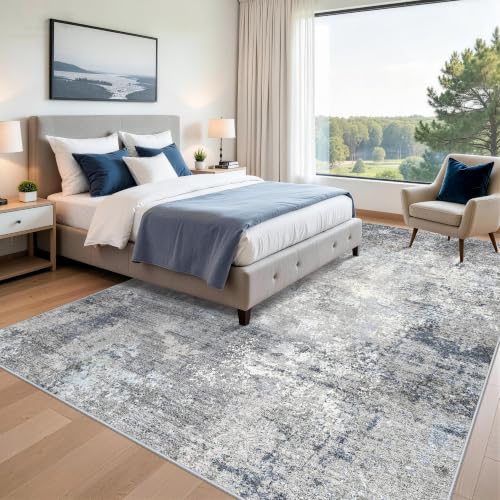 Washable Area Rug 9x12 Living Room – Neutral Modern Abstract Large Carpet for Bedroom Dining Room Office – Soft Non-Slip Low-Pile Thin Stain-Resistant Indoor Rugs （Blue Grey,9x12）