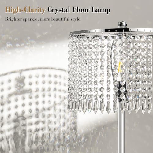 【Upgraded】 Dimmable Crystal Floor Lamps for Living Room, 1000LM LED Bulb Included, Standing Lamp with Knob Switch, Tall Silver Modern Floor Lamp for Bedroom Nursery Office Reading