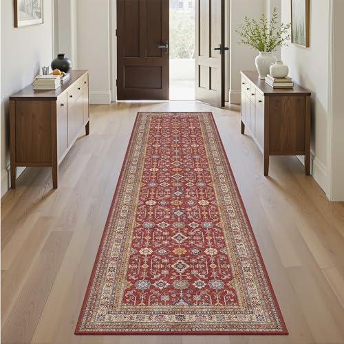 Oriental 2x8 Runner Rug Vintage Hallway Runner Rug Non Slip Machine Washable Stain Resistant Rugs for Bedroom Bedside Kitchen Entryway Burgundy Red Carpet Runners