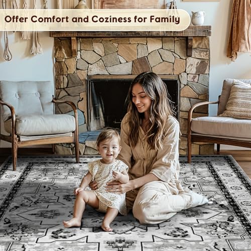 LBRO2M Boho Area Rug 8X10 Washable Rugs for Bedroom Low Piles Indoor Rugs, Non Slip Soft Carpet for Living Room, Dining Room, Gray Rug Foldable Pet Friendly Area Rugs Stain Resistant (8'X10' Gray)