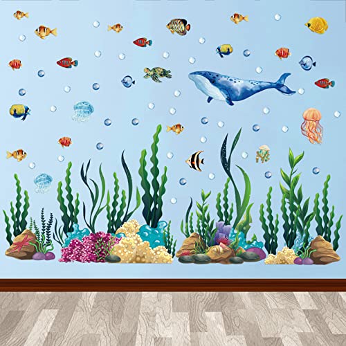 300 Pcs Ocean Wall Decals Stickers Under The Sea Ocean Animal Peel and Stick 2 Sheets Large Coral Reef and Seaweed, Bubbles Vinyl Sticker for Kids Toddler Baby Nursery Living Room Office Bathroom