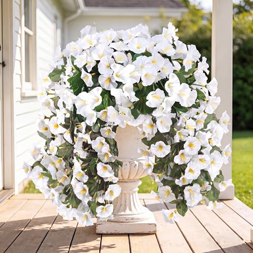 Sggvecsy Artificial Fake Hanging Flowers Plants for Outdoor Outside Spring Summer Decoration 2PCS Faux Silk UV Resistant Realistic Morning Glory Trailing Vines for Home Porch Patio Balcony(White)