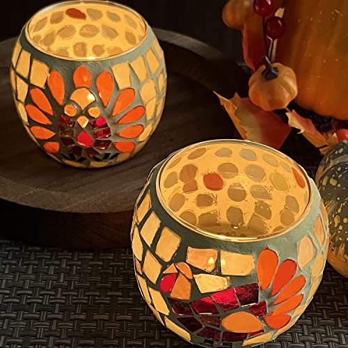 SHMILMH Thanksgiving Votive Candle Holder Set of 4, Mosaic Glass Tealight Holders with Turkey for Fall Table Centerpiece Fireplace Party Decorations