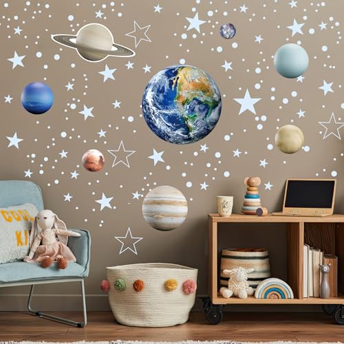 Glow in The Dark Stars Solar System Wall Decals, The Earth Wall Stickers for Bedroom, Baby Nursery Planets Sticker Decoration for Ceiling (Blue)