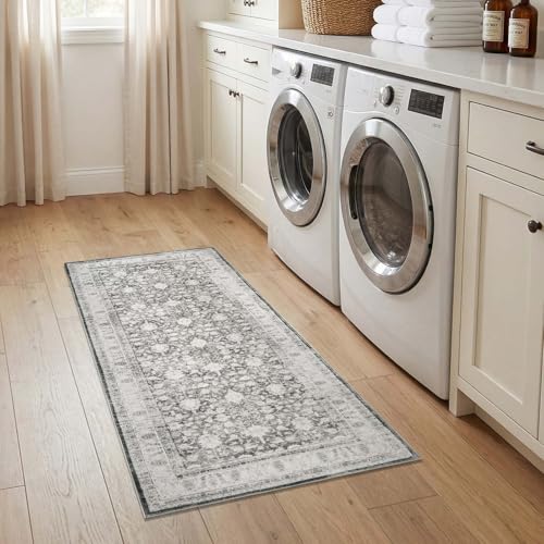 jinchan 2x5 Vintage Floral Runner Rug, Washable Non Slip, Grey