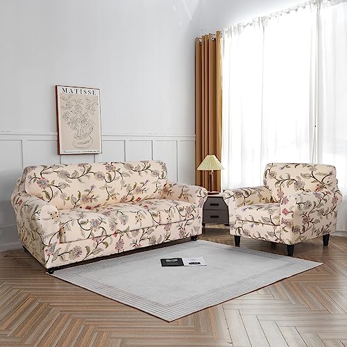 SearchI Stretch Sofa Cover Printed Couch Cover, Floral Pattern 3 Pieces Loveseat Slipcover with 2 Separate Cushion Cover, Washable Furniture Protector for Living Room(Loveseat, Yellow+Flower)