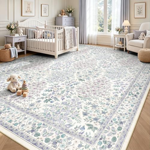 8x10 Area Rug for Living Room Low Pile Boho Machine Washable Floral Rugs for Dining Room, Bedroom, Nursery with Non-Slip Back(Purple Floral)