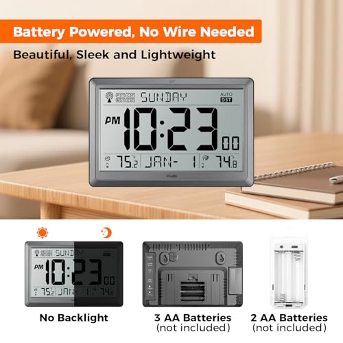 HODIK Wall Clock Atomic with Indoor Outdoor Temperature Battery Powered, Easy Reading with 10.5 Inch LCD Display, 330FT Range Table Wall Clock with DST, 12/24 Hour for Living Room Kitchen (Silver)