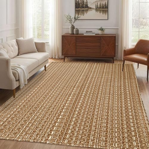 Tan Brown Faux Jute Area Rug 5x7 ft,Braided Solid Rubber Backed Indoor Rug