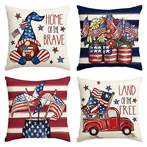 AVOIN colorlife 4th of July Patriotic Stripes Throw Pillow Covers, 18 x 18 Inch Independence Memorial Day USA Flag Gnome Vases Truck Decorations for Sofa Couch Set of 4