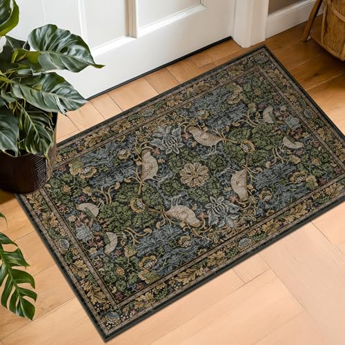 Hazo Haus Washable Dark Vintage Floral Rugs for Entryway - Small 2x3 Washable Rug for Kitchen Bathroom Door Mat Indoor Entrance with Bird & Botanical Pattern, Brown Earthy Tones, Non Slip Low Pile