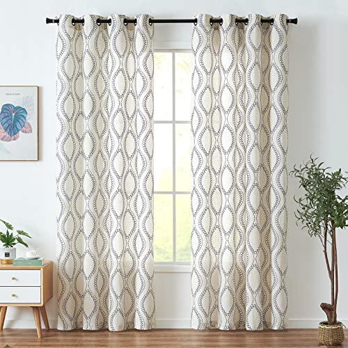 jinchan Boho Linen Blend Beige Farmhouse Curtains 84 Inch Length 2 Panels Set Blue Embroidered Leaf Living Room Ogee Geometry Drapes Light Filtering Curtains Grommet Blue on Flax