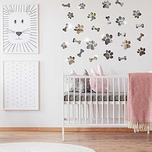26 Pcs Acrylic Mirror Wall Stickers - Dog Paw Bones Prints, Removable Dog Pup Room Wall Decors for Kids Children Nursery Bedroom Home Decoration