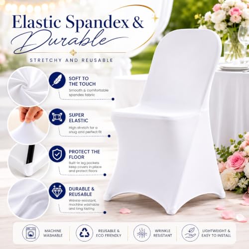 10 Pack White Spandex Folding Chair Covers, Stretch Polyester Slipcovers for Wedding, Party & Dining Chairs – Flat Front Design, Universal Fit
