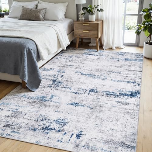Area Rug Living Room Rugs: 5x7 Large Soft Indoor Carpet Modern Abstract Rug with Non Slip Rubber Backing for Under Dining Table Nursery Home Office Bedroom White Gray Blue
