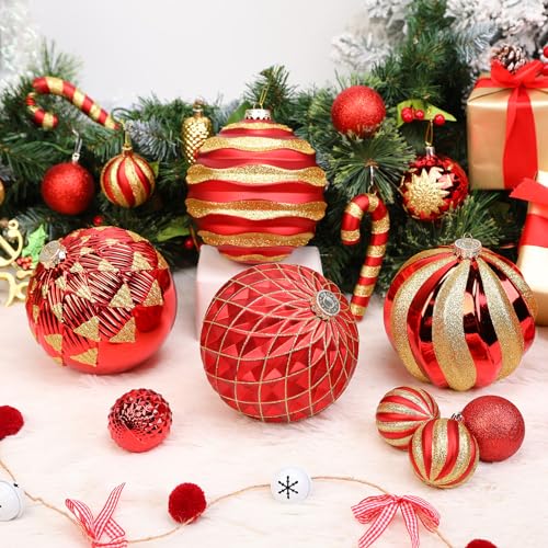 Alupssuc 6''/150mm Large Christmas Ball Ornaments, 4Pcs Christmas Tree Decor, Shatterproof Hanging Decorations with Hooks, Red & Gold Baubles for Xmas Tree, Wedding, Holiday and Party Decor