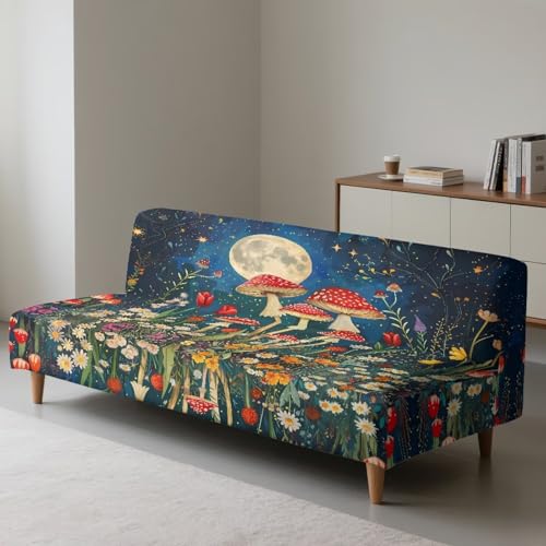 Mushroom Starry Night Futon Covers, Armless Sofa Covers, Stretch Sofa Bed Cover, Washable Futon Slipcover Furniture Protector for Kids, Pets, Dog and Cat