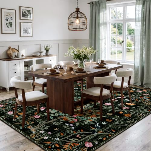 Black Boho 8x10 Area Rugs for Living Room, Washable Large Floral Rug Non Slip, Soft Flower Birds Low-Pile Floor Indoor Throw Carpet for Bedroom Dining Room Dorm Playroom Foyer