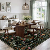 Black Boho 8x10 Area Rugs for Living Room, Washable Large Floral Rug Non Slip, Soft Flower Birds Low-Pile Floor Indoor Throw Carpet for Bedroom Dining Room Dorm Playroom Foyer