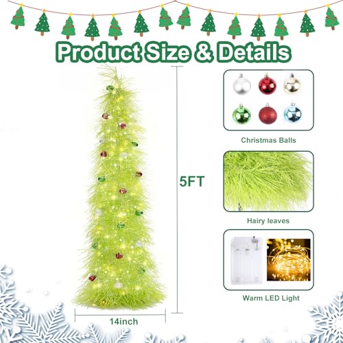 BrilliantJo Christmas Tree 5ft Valentines Day with Light Balls Ornaments Hairy Pop Up Pencil Tinsel Collapsible Stand for Xmas Holiday Party Decorations, Home Office Display Decor, Fruit Green