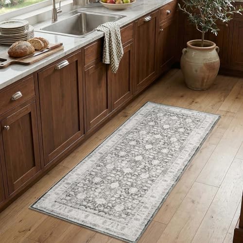 jinchan 2x5 Vintage Floral Runner Rug, Washable Non Slip, Grey