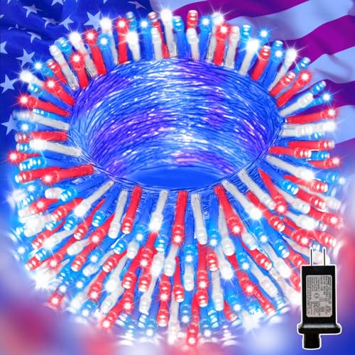 LAMPHOME Red White and Blue Patriotic String Lights, 66ft 200LED 4th of July Lights Plug in, 16 Modes with Timer Outdoor String Lights for Independence Day Memorial Day Patriotic Tree Holiday Decor