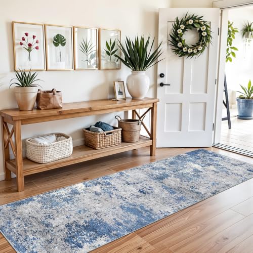 2x8 Washable Non-Slip Hallway Runner Rug – Modern Coastal Abstract Neutral Stain-Resistant Low-Pile Carpet Runner for Kitchen Entryway Bedroom Bathroom (Blue Ivory Grey,2x8)