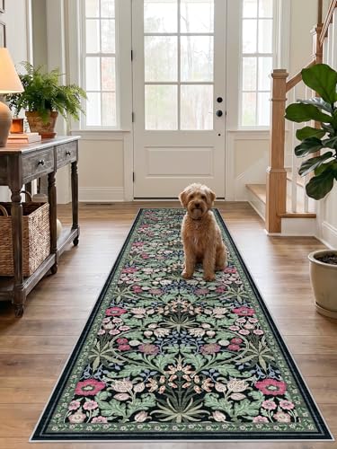 2x8 Washable Runner Rug for Kitchen: Non-Slip Floral Carpet Runners Boho Indoor Rugs for Entryway Hallways - Botanical Soft Low Pile Long Mats for Floor Bedroom Laundry 2x8 Dark Green